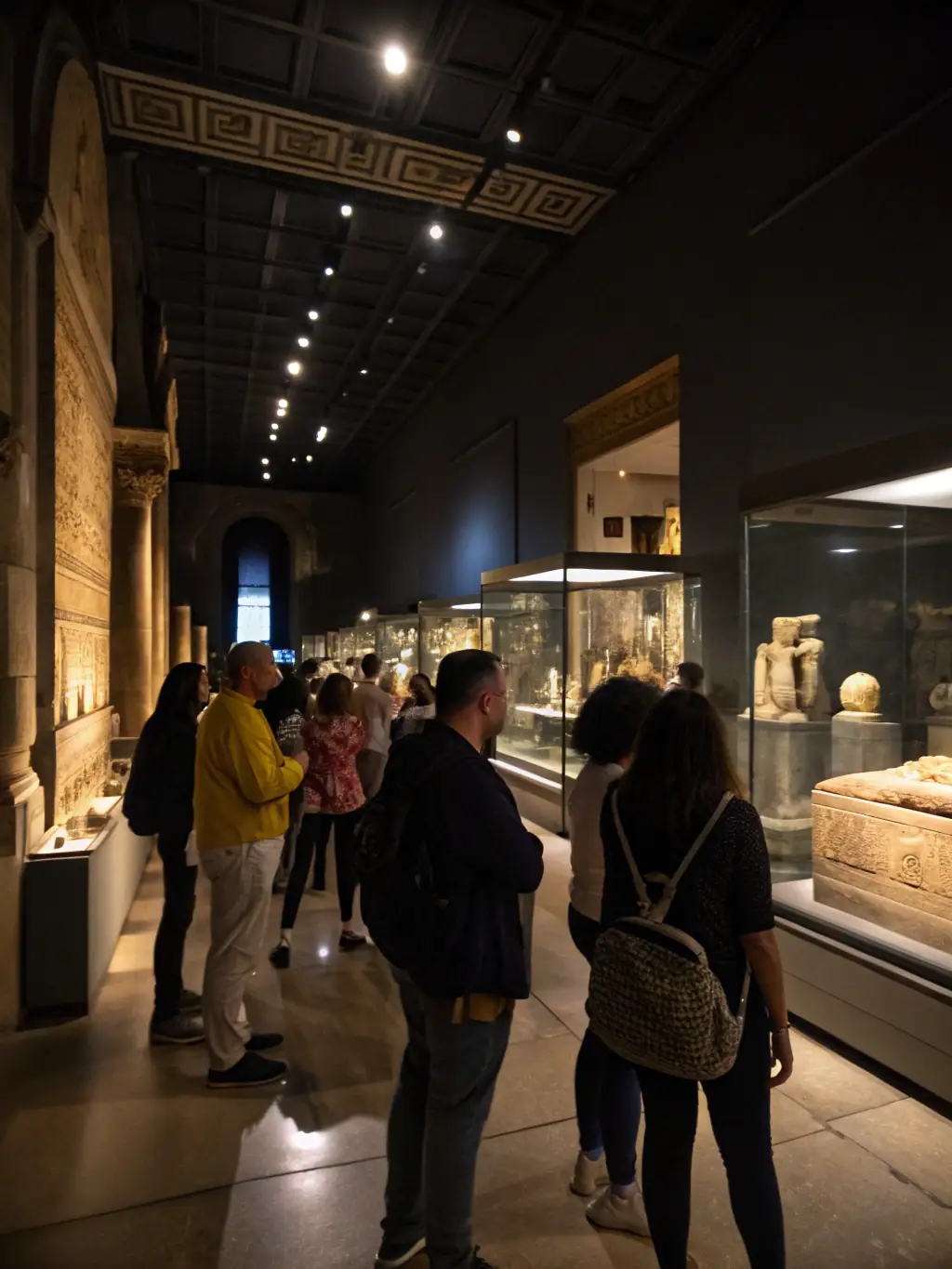 A photo of a public exhibition showcasing historical documents and artifacts, with visitors engaging with the displays.