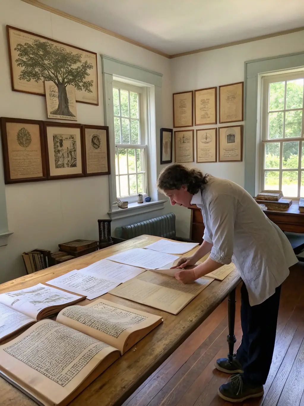 A photograph of a group of researchers examining historical documents in the LES ARCHIVES MODERNES reading room, showcasing the organization's commitment to facilitating access to archival materials.