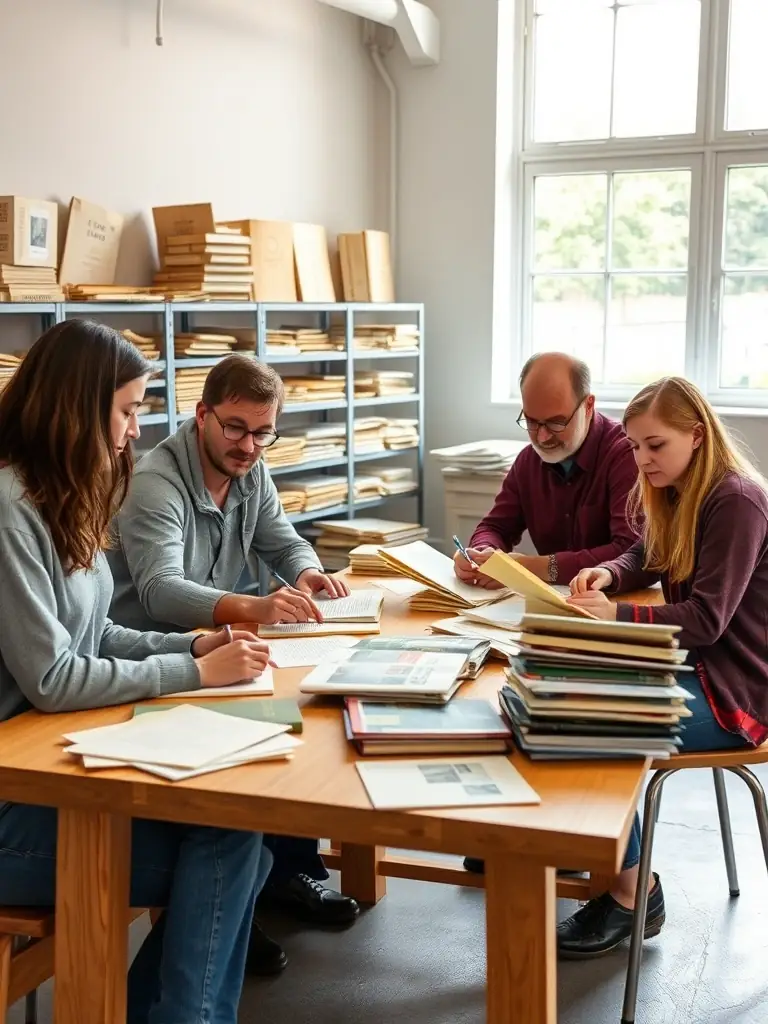 A photograph of volunteers assisting with the digitization of archival materials at LES ARCHIVES MODERNES, demonstrating the organization's reliance on community support.