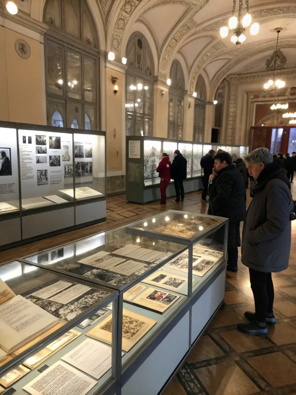 A photograph of a public exhibition at LES ARCHIVES MODERNES, showcasing rare documents and artifacts from the archive's collection to the community.