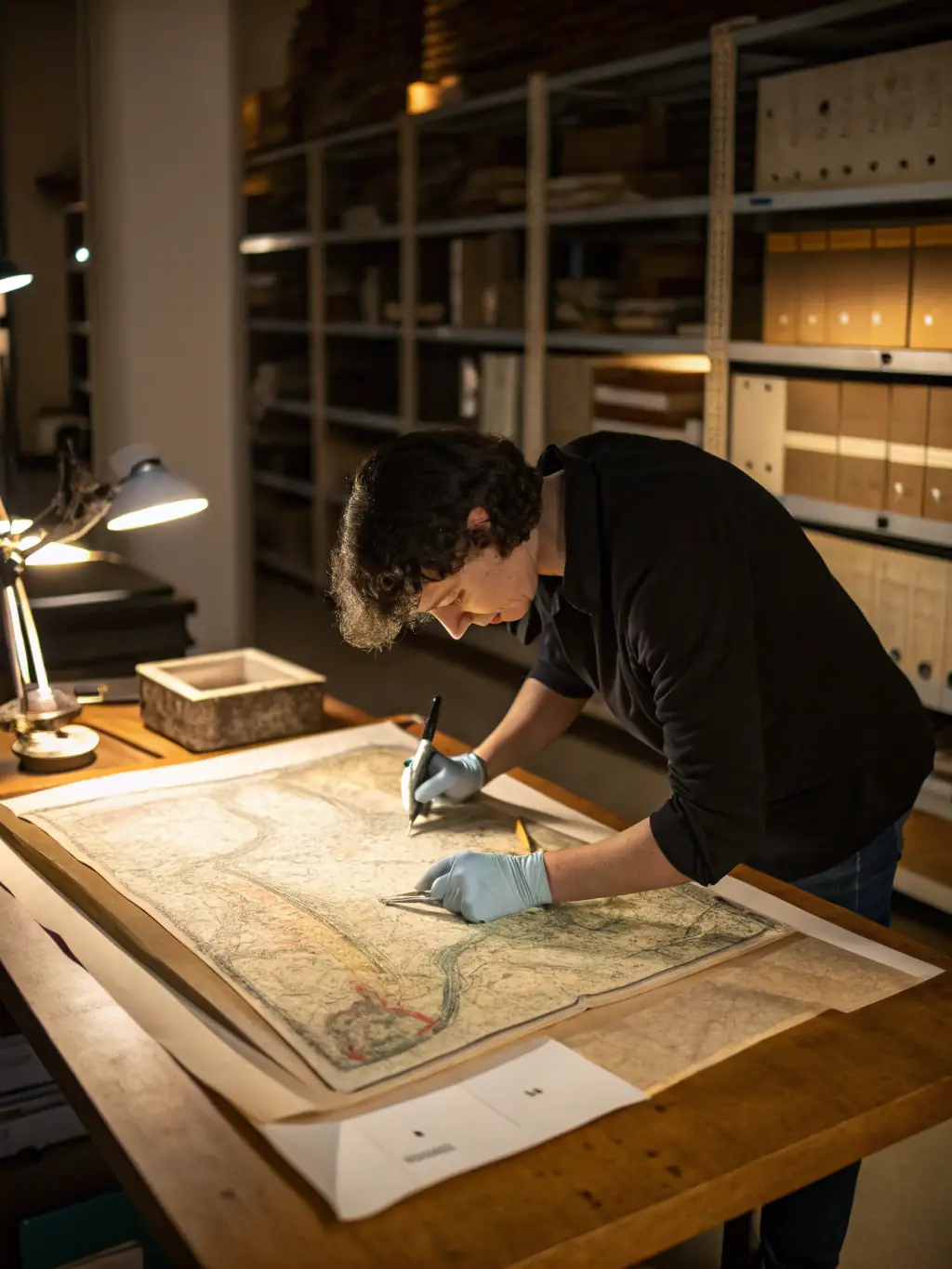 A photograph of archivists carefully restoring old documents in a climate-controlled environment, showcasing the meticulous work involved in archival preservation at LES ARCHIVES MODERNES.